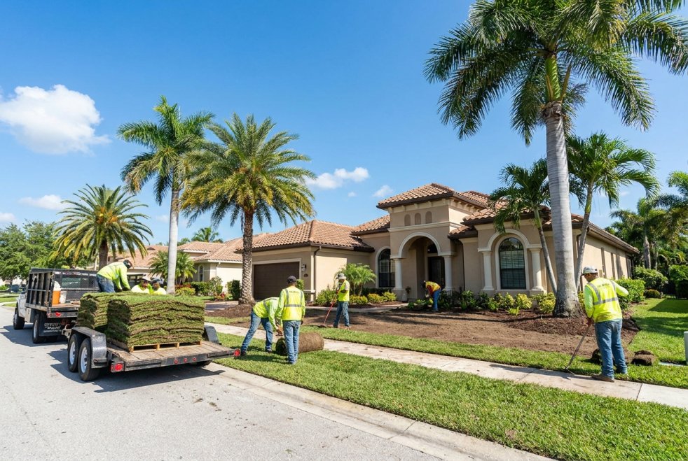 Workers installing sod in front of a suburban home with palm trees and a trailer stacked with turf rolls