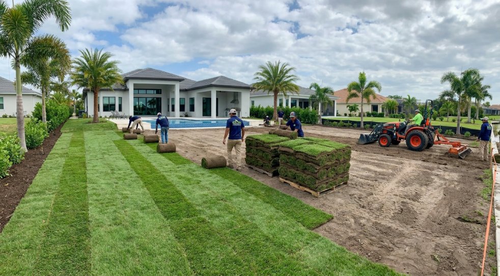 Workers installing sod in a modern home yard with stacks of turf and a tractor